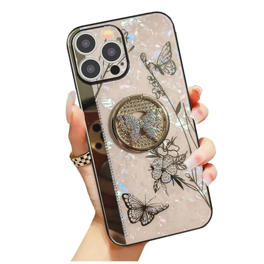 Funda de TPU Rígido para iPhone 15 Pro , 3D Mariposa Flor Kickstand Bling Glitter Diamond Marble Ring Stand Stand a prueba de golpes's photo #1