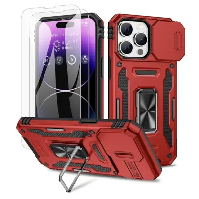 Funda con protección con soporte de anillo giratorio de 360 grado para Iphone 15 Pro - Color Negro / Rojo — imagen 1