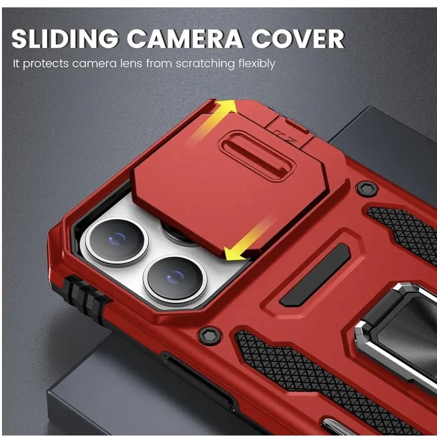 Funda con protección con soporte de anillo giratorio de 360 grado para Iphone 15 Pro - Color Negro / Rojo — imagen 3