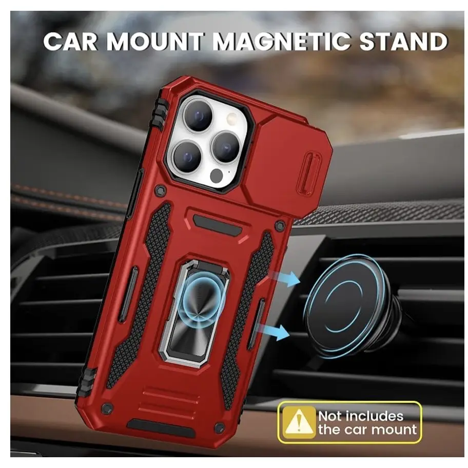 Funda con protección con soporte de anillo giratorio de 360 grado para Iphone 15 Pro - Color Negro / Rojo — imagen 4