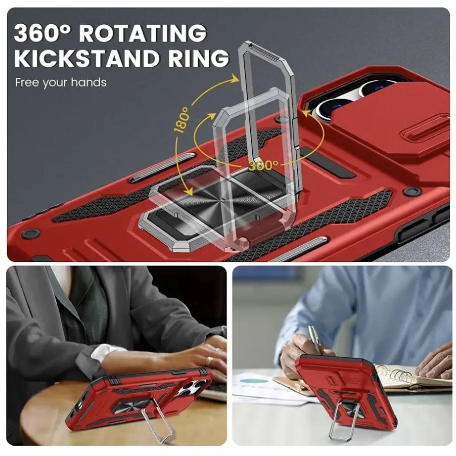 Funda con protección con soporte de anillo giratorio de 360 grado para Iphone 15 Pro - Color Negro / Rojo — imagen 2