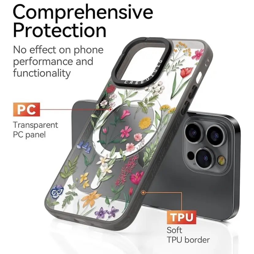 Funda Magnética con Compatibilidad MagSafe para Iphone 15 Pro  con diseño de Flores y Mariposas - Color Gris Negro  Marca CaseVivid's photo #1