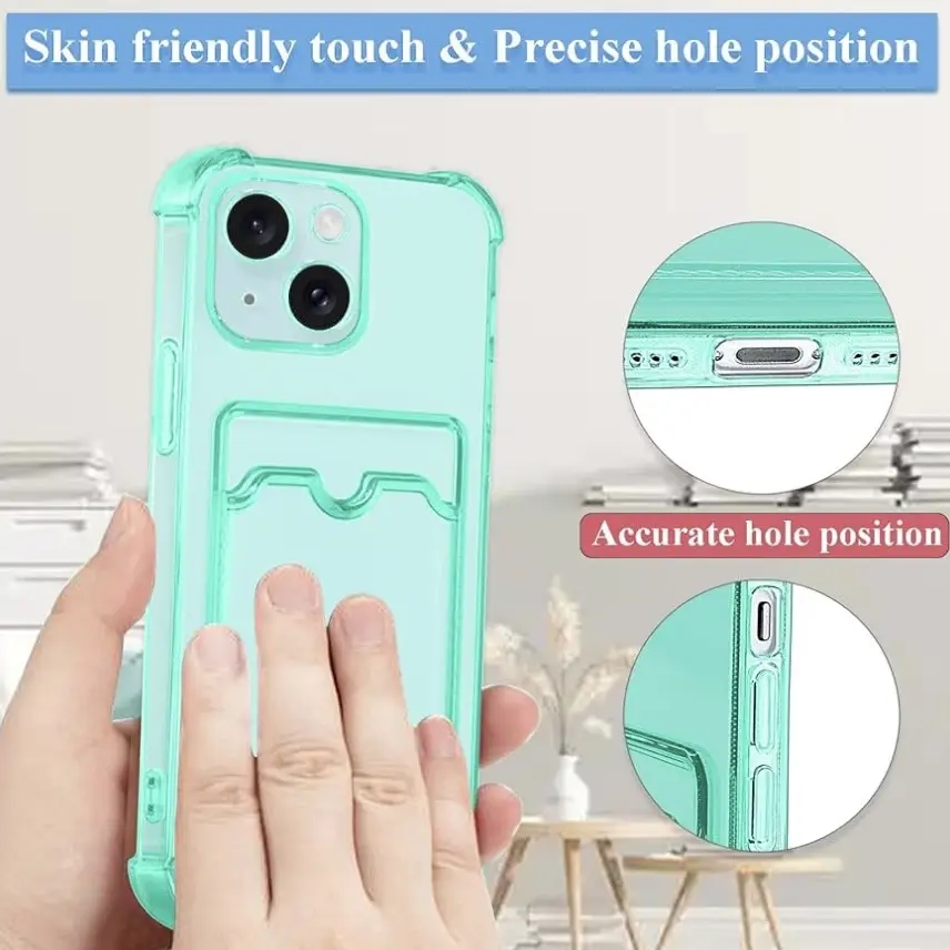 Funda de TPU flexible Transparente con tarjetero incluido  para Iphone 15 Plus - Color Clear Verde — imagen 4