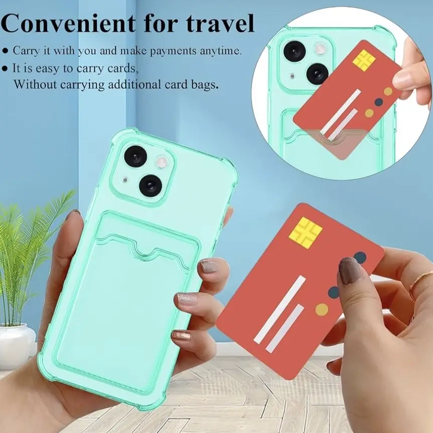 Funda de TPU flexible Transparente con tarjetero incluido  para Iphone 15 Plus - Color Clear Verde — imagen 2