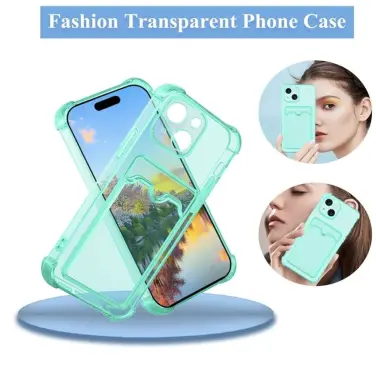 Funda de TPU flexible Transparente con tarjetero incluido  para Iphone 15 Plus - Color Clear Verde — imagen 3