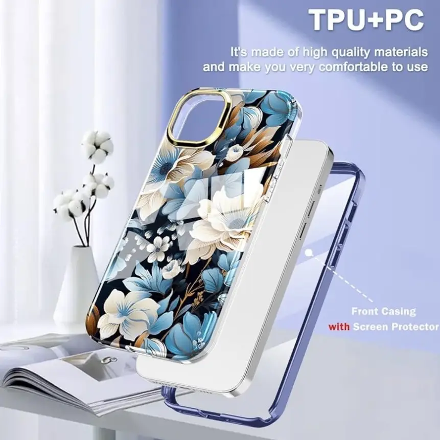 Funda de TPU resistente a Golpes con Protección de pantalla ligera y elegante para Iphone 15 Plus - Color Clear diseño Flores Marca Turquiase — imagen 7