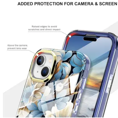 Funda de TPU resistente a Golpes con Protección de pantalla ligera y elegante para Iphone 15 Plus - Color Clear diseño Flores Marca Turquiase — imagen 6