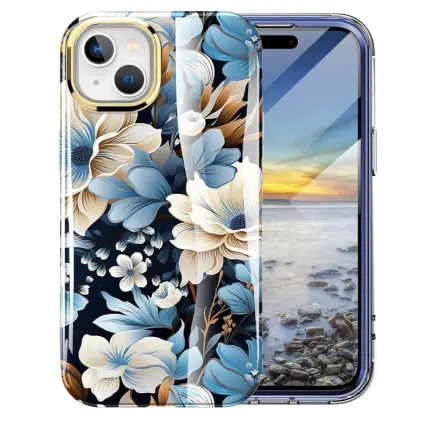 Funda de TPU resistente a Golpes con Protección de pantalla ligera y elegante para Iphone 15 Plus - Color Clear diseño Flores Marca Turquiase — imagen 2