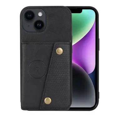 Funda portatarjetas para iPhone 14 Plus, espalda con bolsa de tarjetas multifunción de doble hebilla plegable de cuero PU — imagen 1