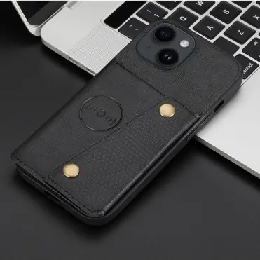 Funda portatarjetas para iPhone 14 Plus, espalda con bolsa de tarjetas multifunción de doble hebilla plegable de cuero PU — imagen 2