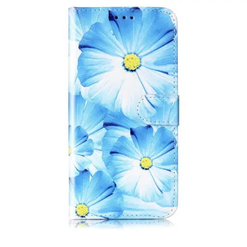 Funda Tipo Cartera compatible con Iphone 15 Pro / Funda de piel sintética con diseño de flores con tarjetero - Color Azul Blanco — imagen 1