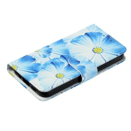 Funda Tipo Cartera compatible con Iphone 15 Pro / Funda de piel sintética con diseño de flores con tarjetero - Color Azul Blanco — imagen 2