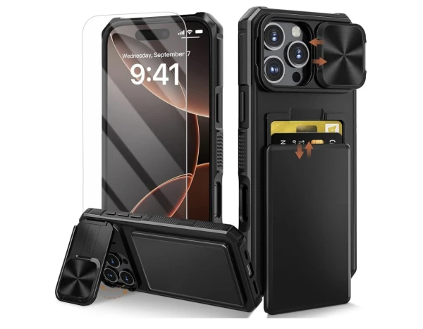 Funda 5 en 1 para iPhone 16 Pro Max con tarjetero [Combo de funda deslizante para cámara y soporte para selfie], 1 protector de pantalla de 9H, funda resistente para tarjetas's foto | La Gran Manzana |  BizneCubano