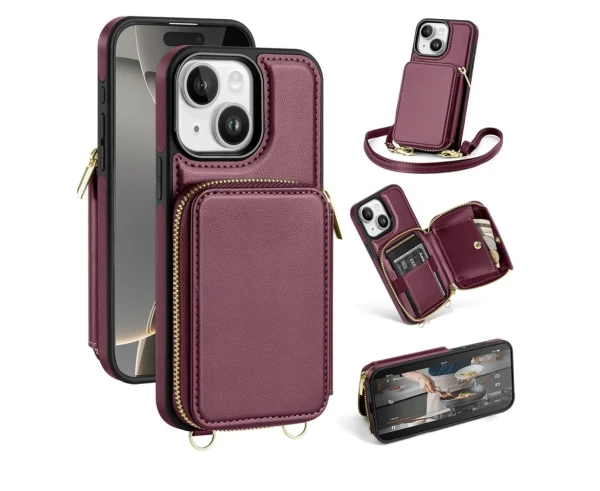 Funda tipo portafolios compatible con iPhone 14 Plus, cruzada de piel sintética con cierre, -Color: Rojo vino's foto | La Gran Manzana |  BizneCubano