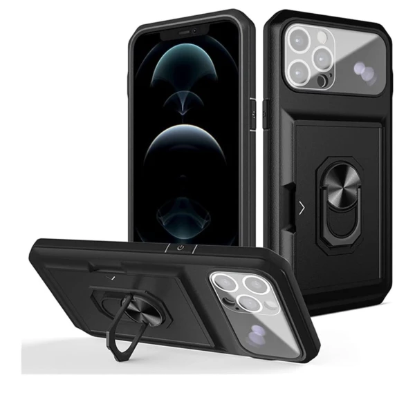 Funda para iPhone 14 Pro, resistente, resistente, a prueba de golpes, con soporte de anillo magnético giratorio y tarjetero oculto - Color Negro Matte's foto | La Gran Manzana |  BizneCubano