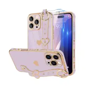 Funda de TPU flexible con diseño de corazones , borde chapado en función atril para Iphone 15 Pro Max - Color Púrpura miniatura 1