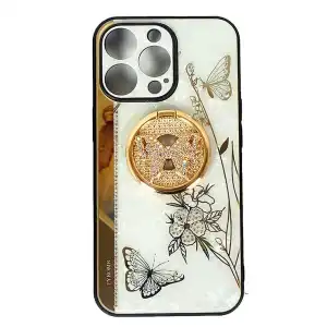 Funda de TPU Rígido para iPhone 15 Pro , 3D Mariposa Flor Kickstand Bling Glitter Diamond Marble Ring Stand Stand a prueba de golpes miniatura 1