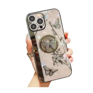 Funda de TPU Rígido para iPhone 15 Pro , 3D Mariposa Flor Kickstand Bling Glitter Diamond Marble Ring Stand Stand a prueba de golpes miniatura 2