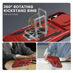 Funda con protección con soporte de anillo giratorio de 360 grado para Iphone 15 Pro - Color Negro / Rojo miniatura 2