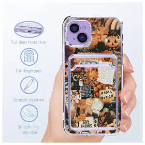 Funda de TPU Flexible con tarjetero diseño retro estético de calabaza de otoño para Iphone 15 Pro  - Color Clear Naranja miniatura 2