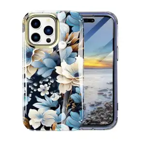 Funda de TPU Resistente a Golpes con Protección de pantalla ligera y elegante para Iphone 15 Pro - Color Clear diseño Flores Marca Turquiase miniatura 4