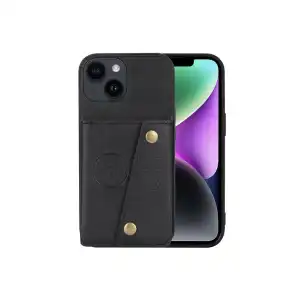 Funda portatarjetas para iPhone 14 Plus, espalda con bolsa de tarjetas multifunción de doble hebilla plegable de cuero PU miniatura 1
