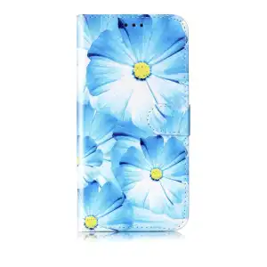 Funda Tipo Cartera compatible con Iphone 15 Pro / Funda de piel sintética con diseño de flores con tarjetero - Color Azul Blanco miniatura 1
