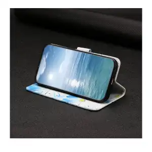 Funda Tipo Cartera compatible con Iphone 15 Pro / Funda de piel sintética con diseño de flores con tarjetero - Color Azul Blanco miniatura 3